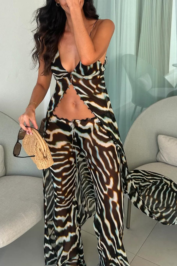 Zebra Print Drawstring Waist Casual Flared Pants