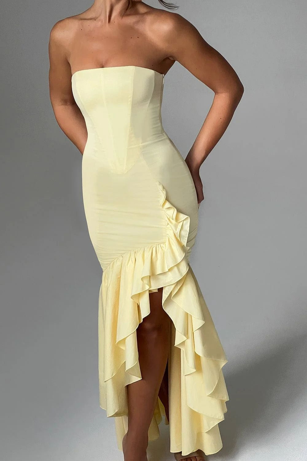 Strapless Corset Bustier High Split Ruffle Trim Mermaid Maxi Cocktail Dress