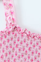 Smocked Square Neck Ruffle Trim Wide Strap Tiered Ditsy Floral Mini Dress
