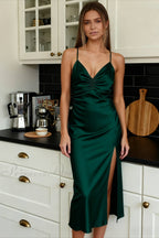 Satin Spaghetti Strap Deep V-Neck Bias Cut Slip Midi Dress