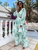 Cutout Leaf Print Maxi Dress for Women - Tropical Lantern Sleeve V Neck Tiered Long Dress - Spring Resort Wear 2026