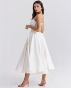 Lace Trim Corset Bustier Spaghetti Strap Pleated Pocket Tea Length Dress