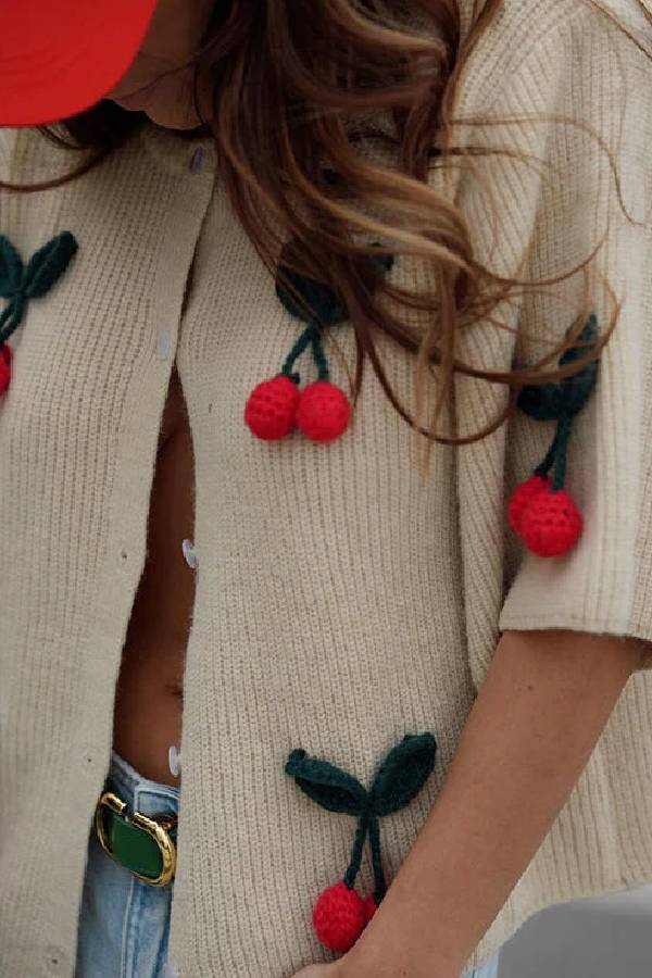 | Short-sleeved button-down decorative cherry knit sweater