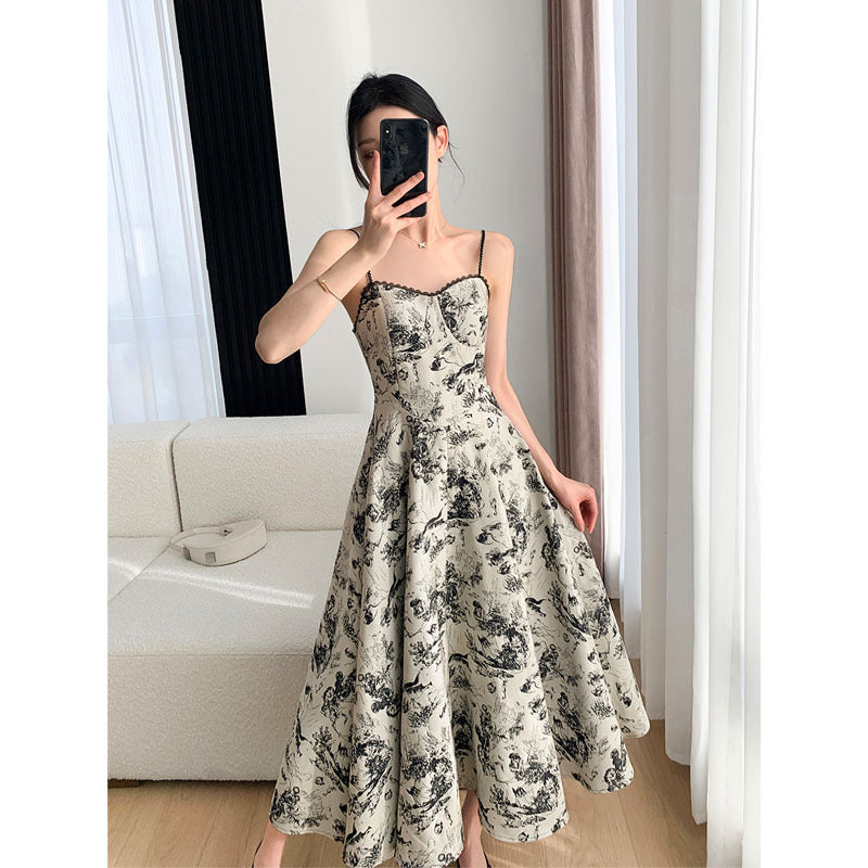Toile Print Square Neck Spaghetti Strap Lace Trim A-Line Midi Dress