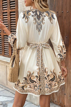 Unique Printed V-neck Lantern Sleeve Waist Tie Mini Dress
