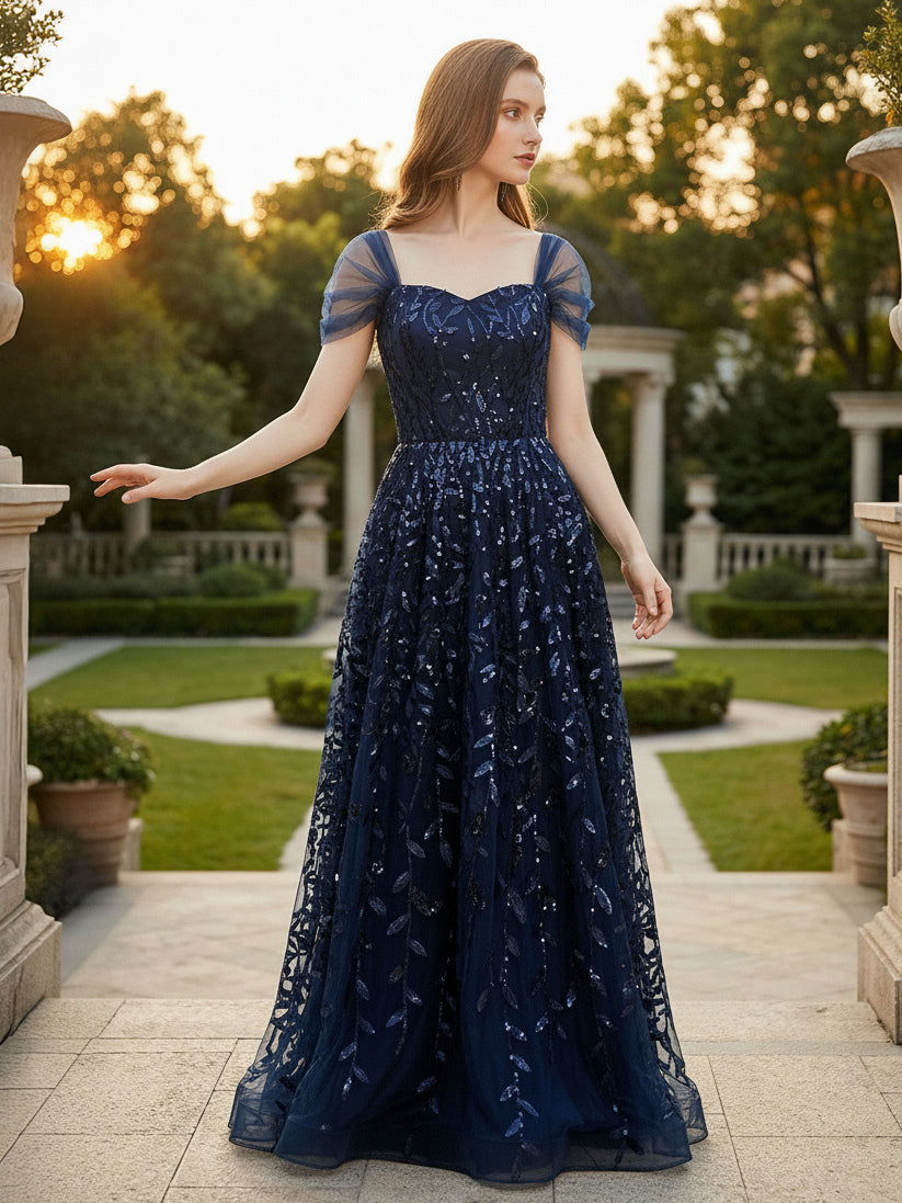 Deep Blue Sequin Maxi Prom Dress with Sweetheart Neckline and Off-shoulder For Summer 2026