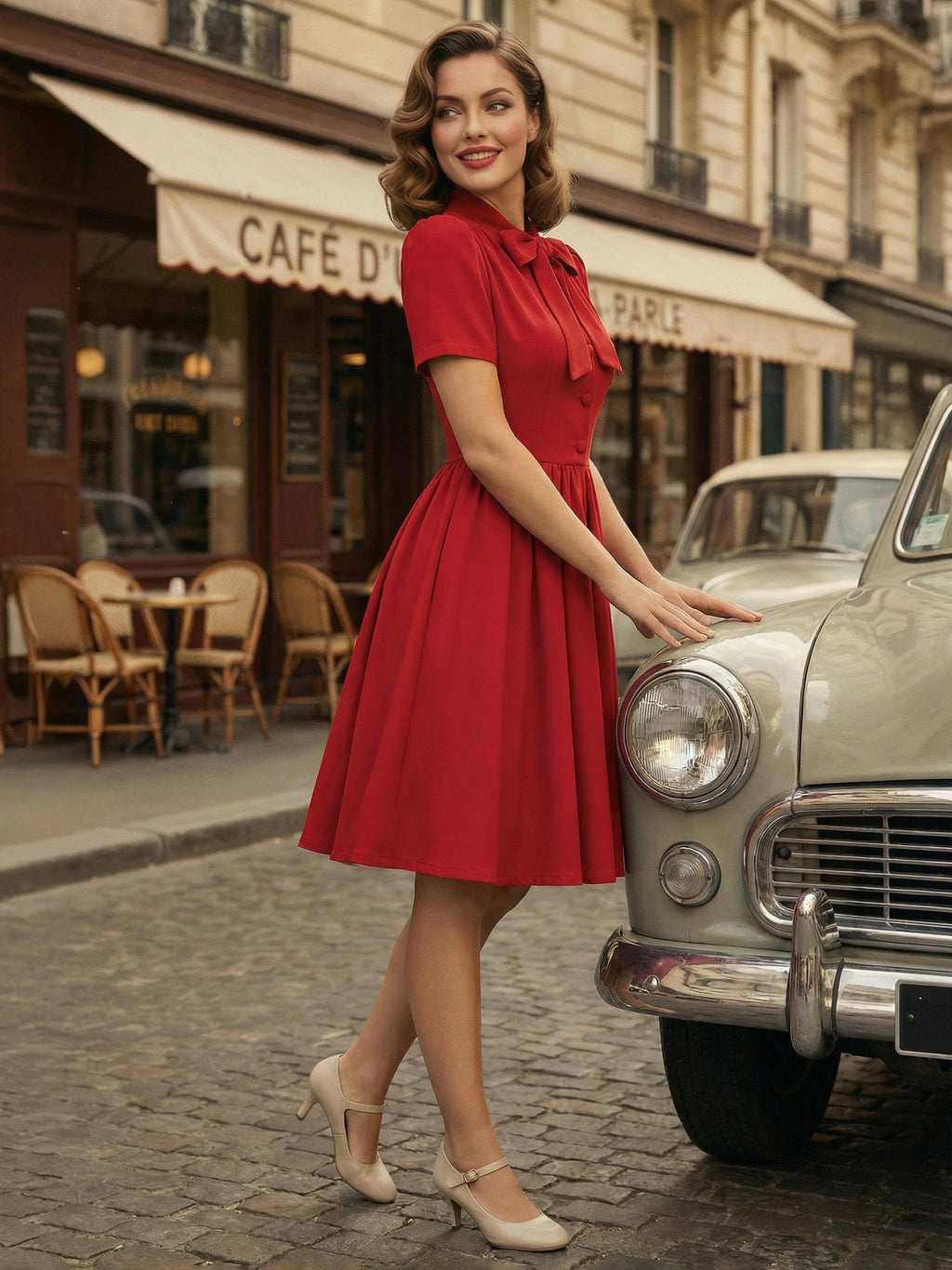 Vintage 1950s Midi Swing Tea Dress for Women - Bow Neck Short Sleeve Fit and Flare Rockabilly Gown - Garden Party 2026
