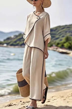 Stylish Color Trim Asymmetrical Casual Top and Elastic Waist and Wide-leg Pant Set
