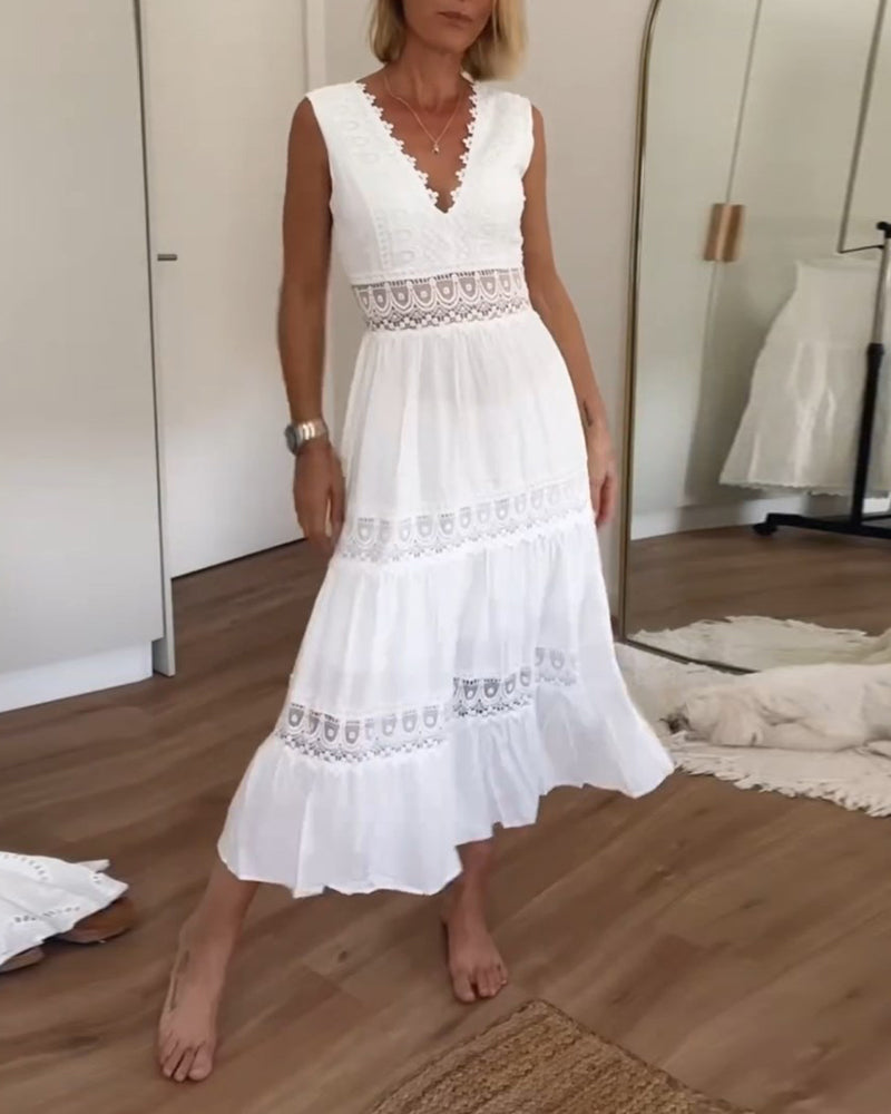Yolaina Exclusive V Neck Lace Tank Dress Evening Wear Edit