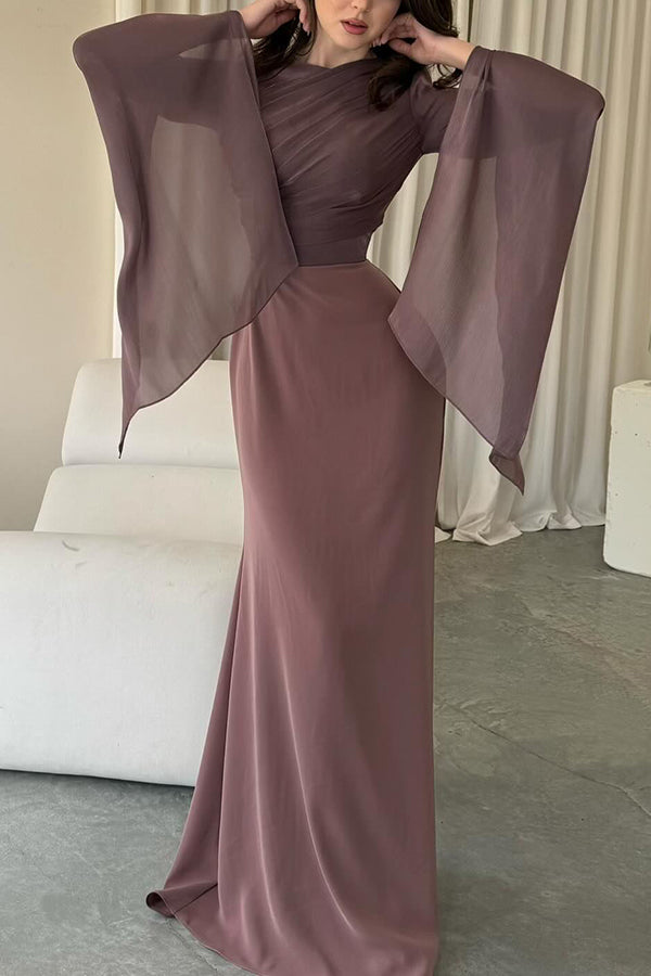 Satin Ruched High Neck Bell Sleeve Slit Mermaid Maxi Gown