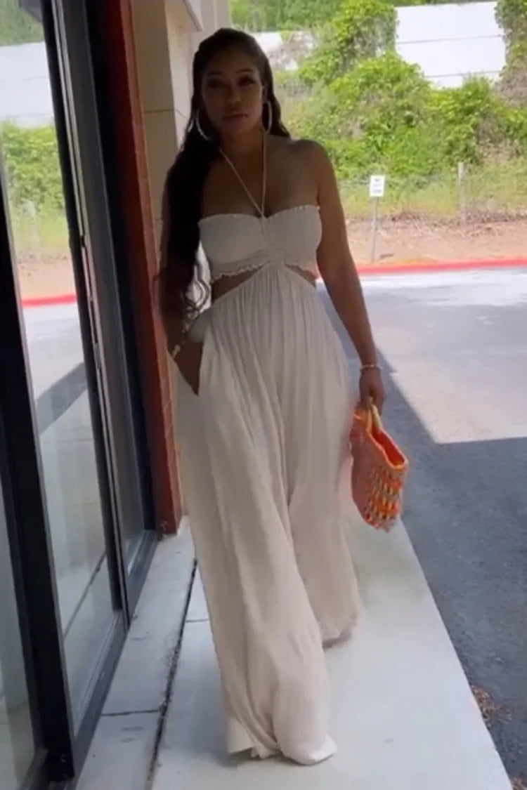 Halter Ruched Ruffle Cut Out Oversized Wide Leg Jumpsuit