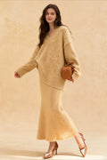 Lazy V-neck Knit Sweater Mermaid Skirt Two Piece Set