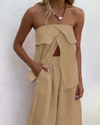 Casual Solid Color Strapless Split Top & Pants Two-Piece Set