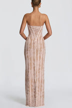 Summer Colour Sian Floral Lace Contrast Structural Detail Back Lace-up Strapless Slit Maxi Dress