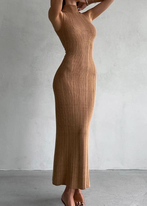 Mock Neck Ribbed Knit Sleeveless Bodycon Maxi Dress