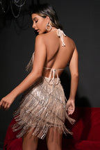 Sequin Halter Neck Fringe Tiered Mini Dress