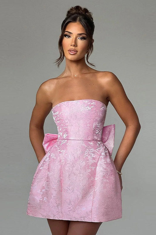 Jacquard Floral Strapless Bow Back Pocket A-Line Mini Dress