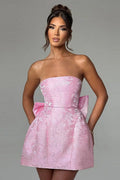 Jacquard Floral Strapless Bow Back Pocket A-Line Mini Dress