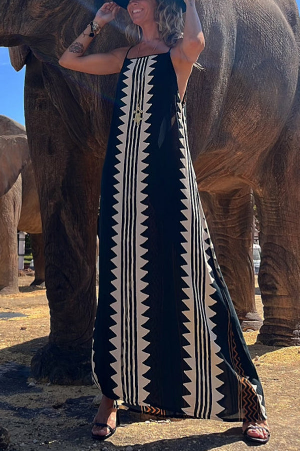 Geometric Tribal Print Square Neck Spaghetti Strap Maxi Dress