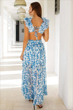 One Shoulder Ruffle Strap Cutout Tiered Blossom Print Maxi Dress