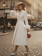 Vintage A-line Woolen Flared Midi Coat With Detachable faux fur cuffs In White 2026