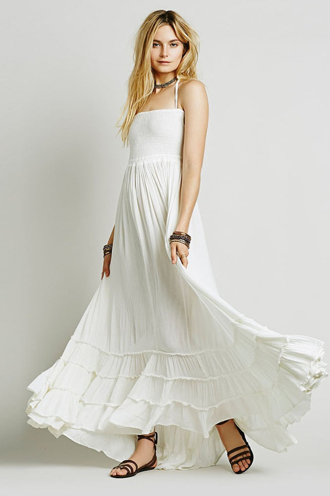 Smocked Square Neck Halter Tie Cage Strap Tiered Maxi Summer Dress