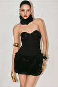 Strapless Sequin Corset Bodice Faux Fur Skirt Mini Dress