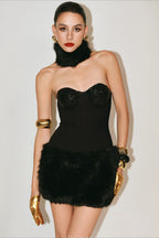 Strapless Sequin Corset Bodice Faux Fur Skirt Mini Dress