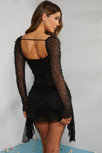 Sequined Beaded Square Neck Long Sleeve Bodycon Party Dress