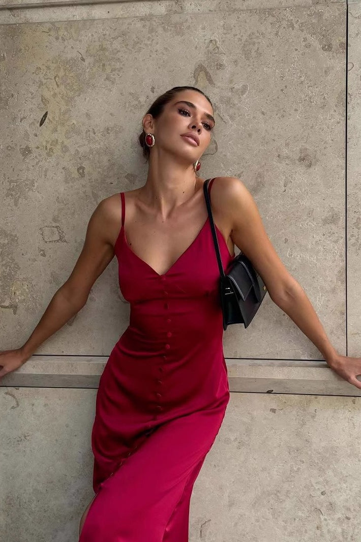Satin Spaghetti Strap V-Neck Button Front Slip Midi Dress