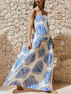 Seashell Print Square Neck Spaghetti Strap Flowy Maxi Dress