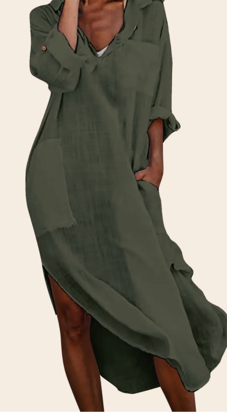 Long Sleeve Shirt Collar Patch Pocket Side Slit Maxi Dress