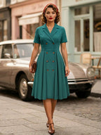 Vintage 1950s Swing Dress for Women - A Line Double Breasted Lapel Collar Rockabilly Midi Tea Dress - Summer Cocktail 2026