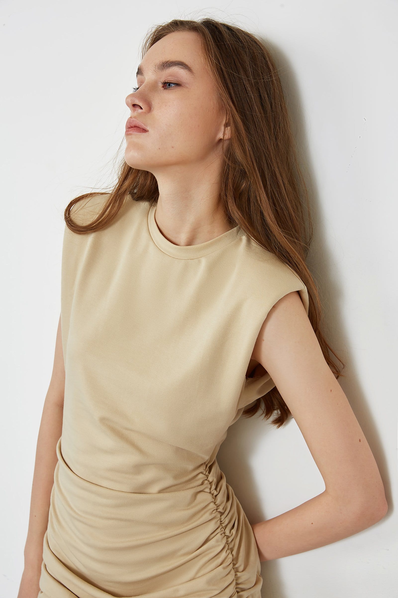Crew Neck Padded Shoulder Ruched Side Seam Bodycon Mini Dress