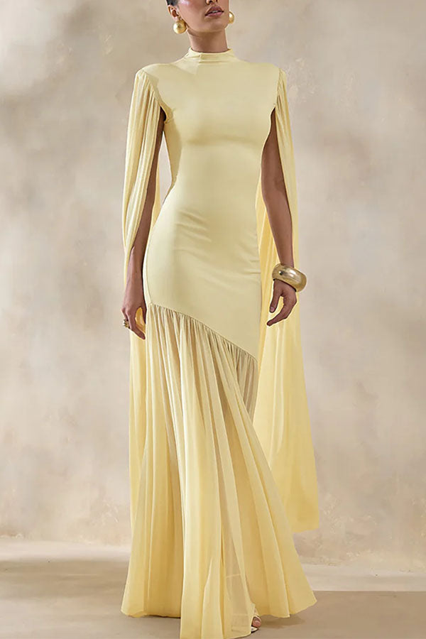 Elegant High-Neck Cape Detail Maxi Dress