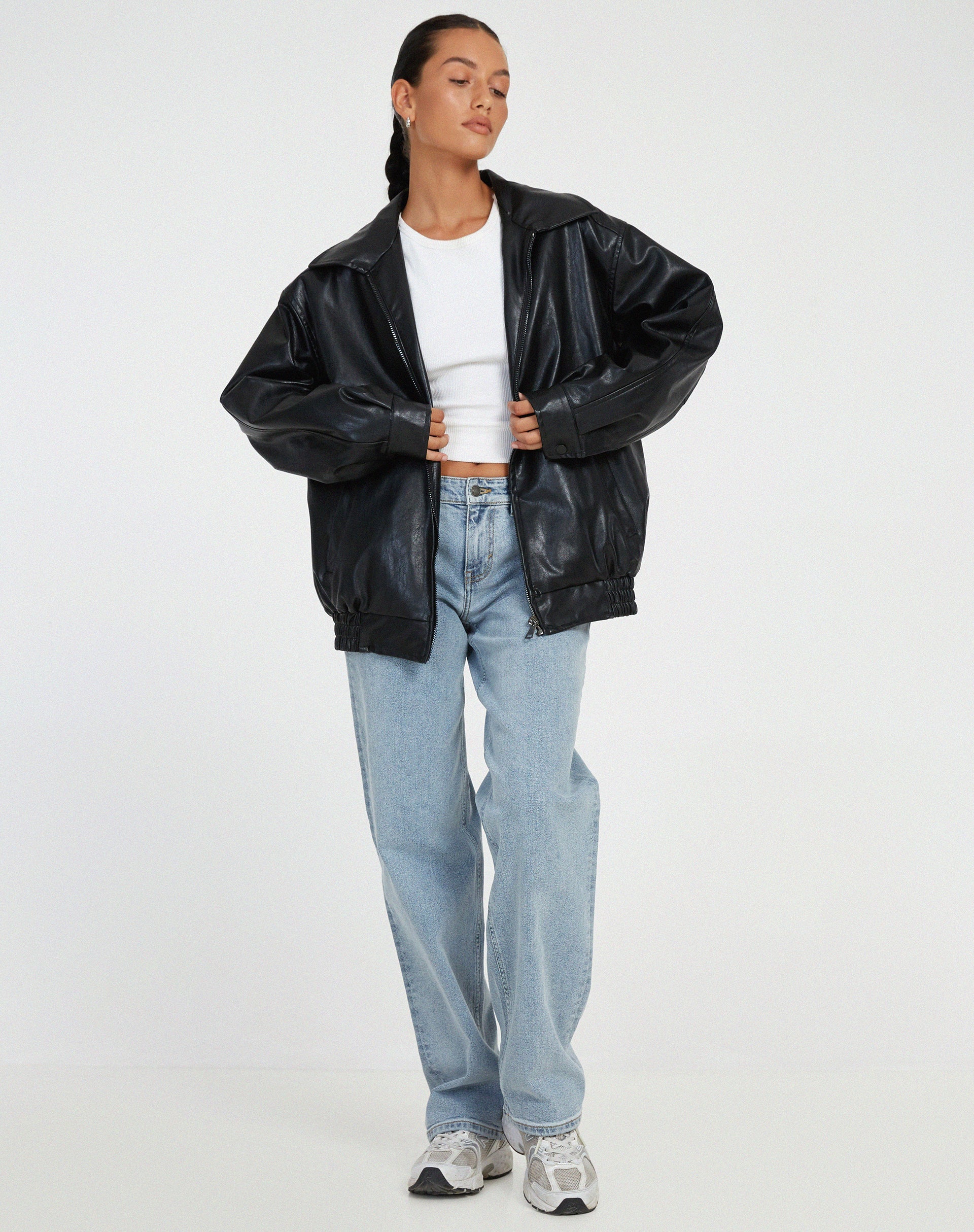 | Women’s Oversized Leather Bomber Jacket