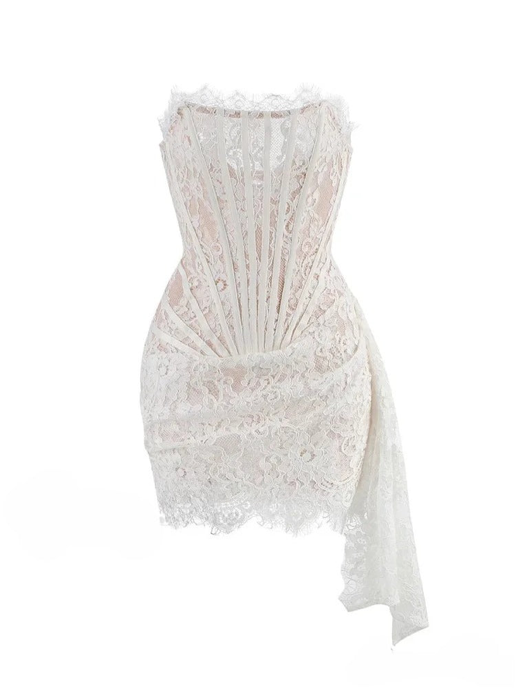 Lace Strapless Corset Eyelash Trim Draped Sash Mini Dress