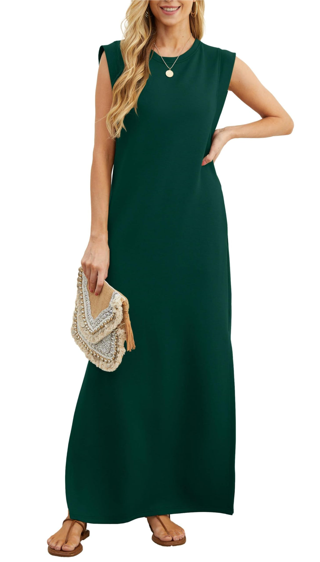 Padded Shoulder Crew Neck Ribbed Column Ankle Length Maxi Dress