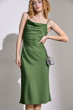 Cowl Neck Spaghetti Strap Satin Slip Midi Dress