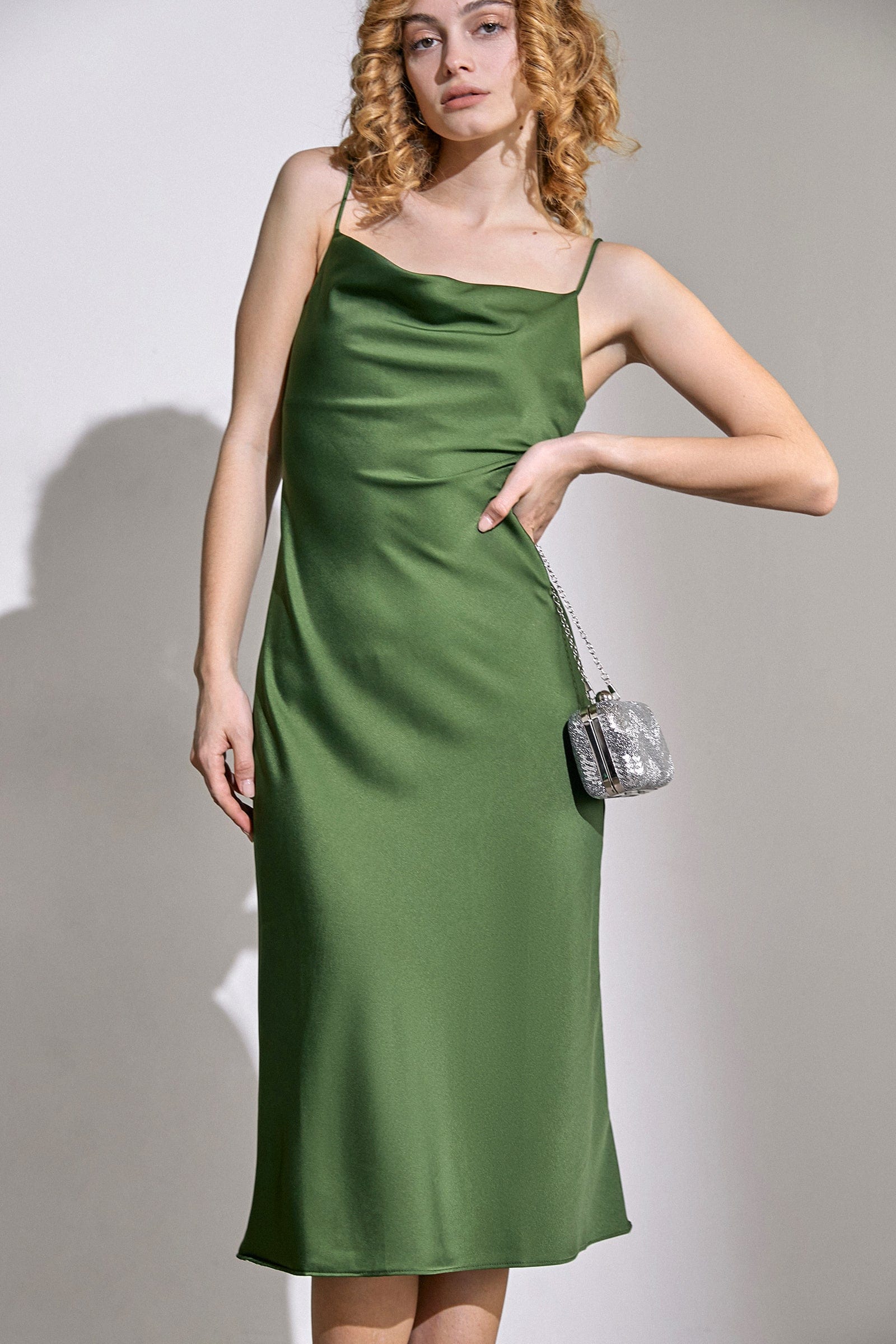Cowl Neck Spaghetti Strap Satin Slip Midi Dress