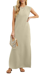 Women Round Neck Casual Loose Split Wrinkle-Free Long Maxi Beach Dress with Pockets
