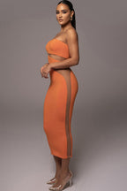 Strapless Diagonal Mesh Panel Cut Out Bodycon Midi Dress
