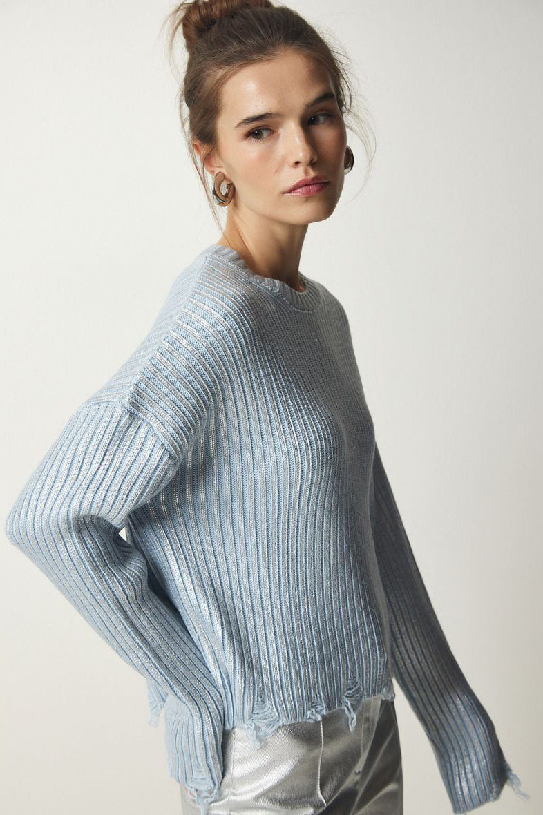 Solid Simple Silver Foil Loose Slim Long Sleeve Sweater