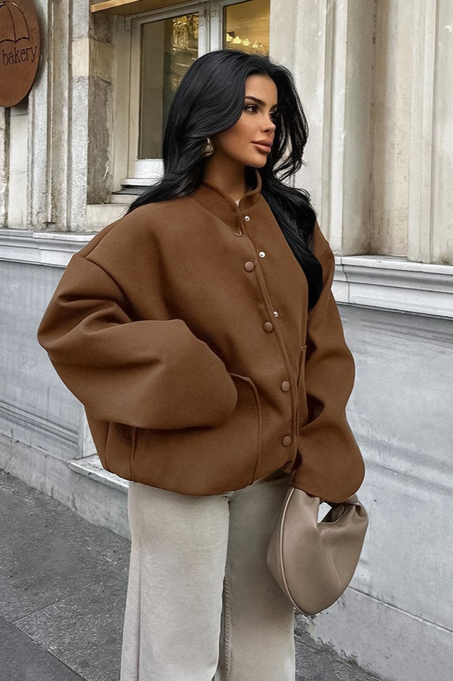 rown Woolen Stand Collar Jacket