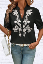 Embroidered Notched Neck Blouse for Women | Black Short Sleeve Floral
