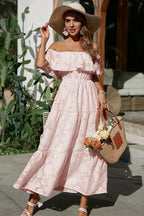 Off Shoulder Ruffle Tiered Jacquard Ladder Lace Trim Maxi Dress