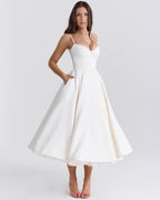 Lace Trim Corset Bustier Spaghetti Strap Pleated Pocket Tea Length Dress