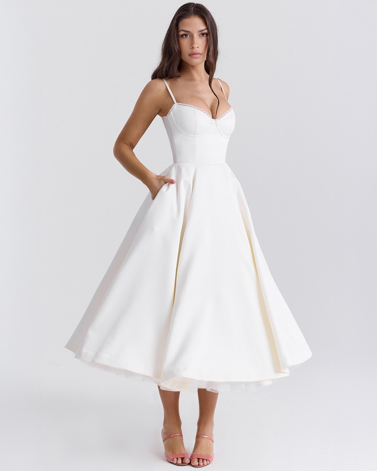 Lace Trim Corset Bustier Spaghetti Strap Pleated Pocket Tea Length Dress