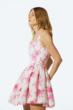 Square Neck Corset Bodice Floral Print Pleated Mini Dress