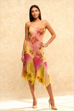 Floral Print Halter Spaghetti Strap Asymmetric Handkerchief Hem Midi Dress